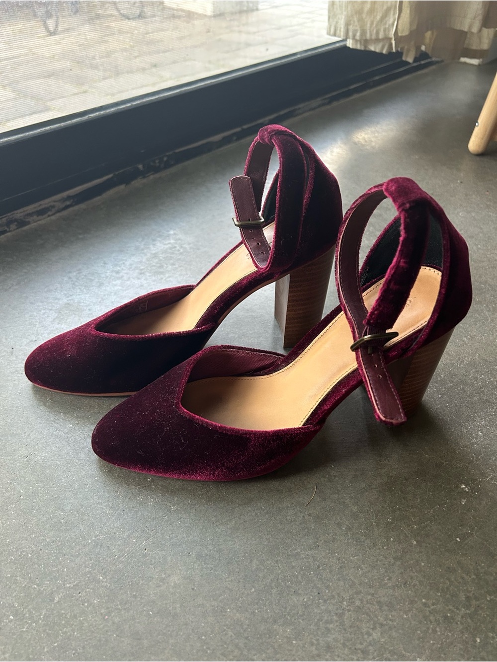 Soludos Burgundy Velvet Ankle-Strap Block Heels